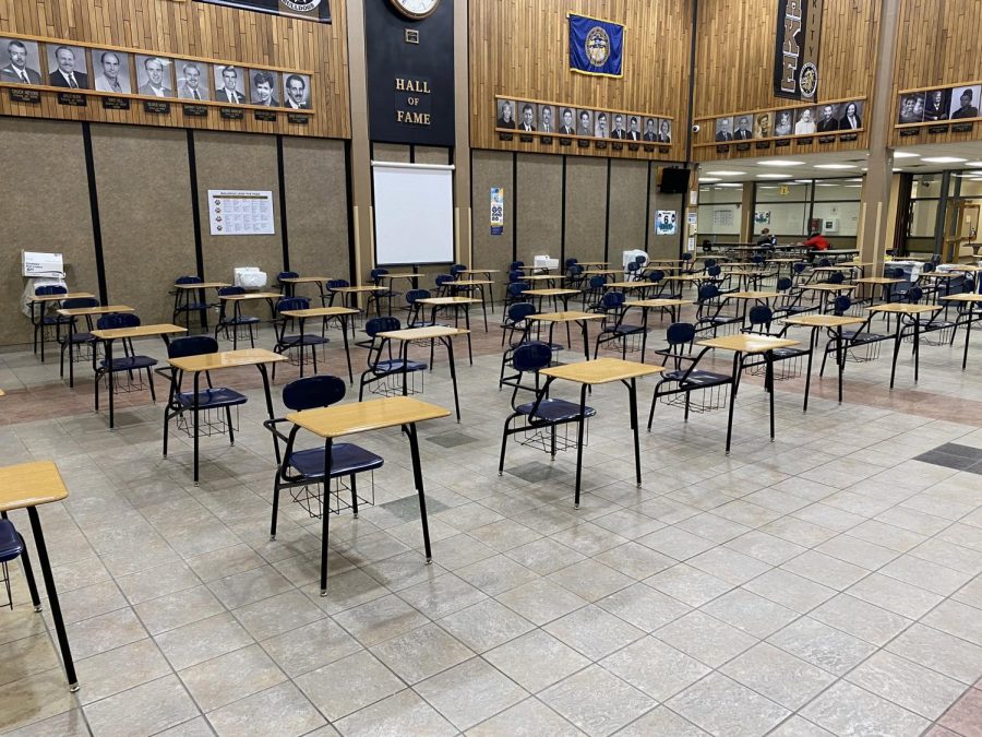 Desks were placed 6 feet apart in the cafeteria so students can social distance. Photo by Darren Rasmussen.