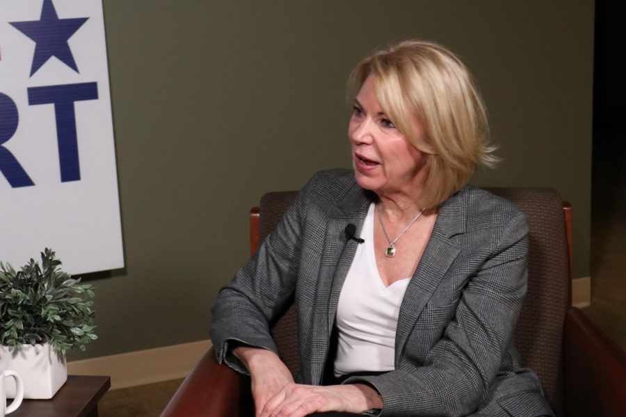 Photo of Mayor Jean Stothert being interview at her campaign headquarters.