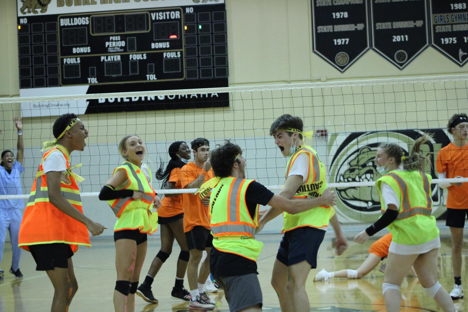 On Nov.10, team Safe Sets celebrates a point won during a game in the DECA volleyball tournament.