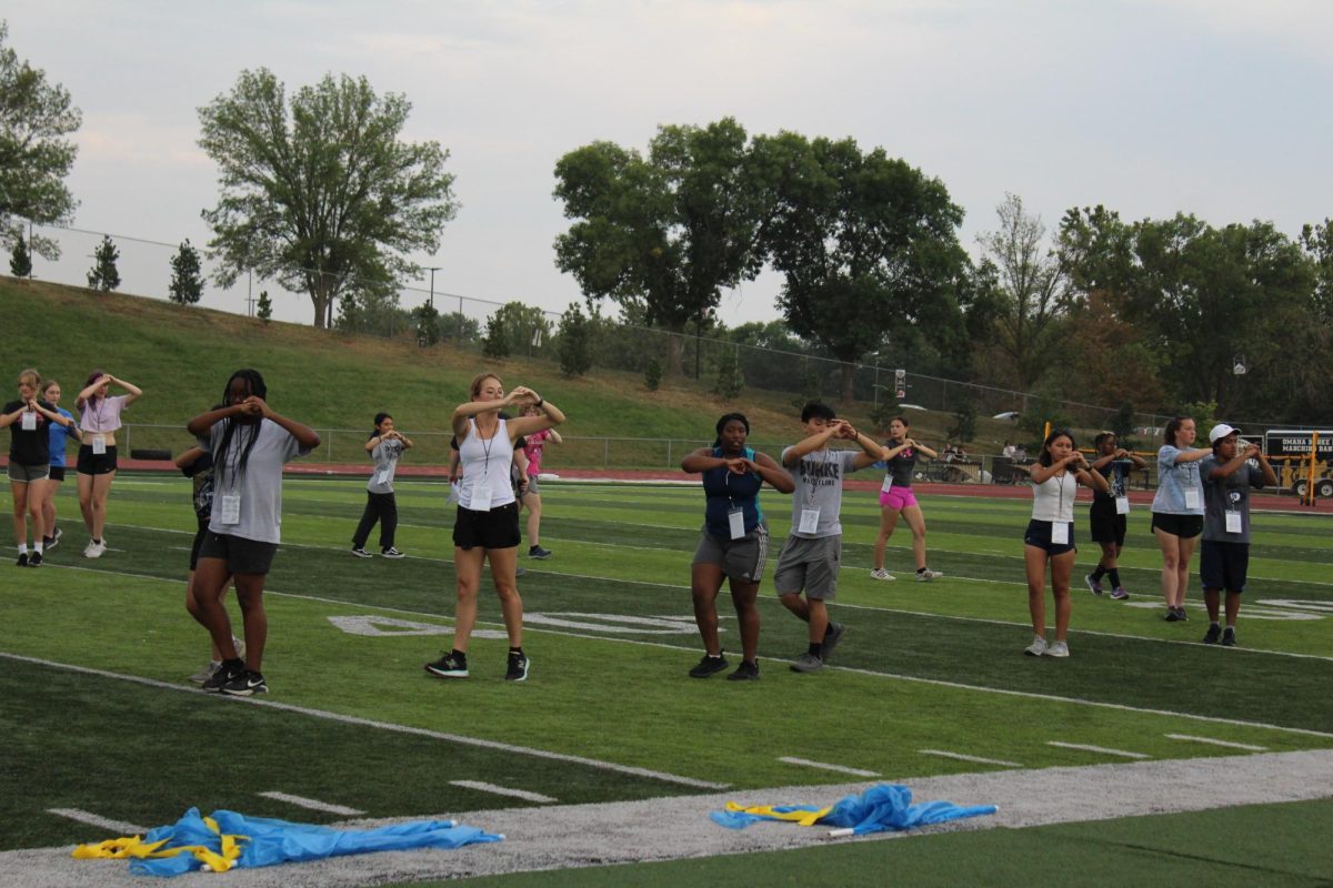 During their fall band camp on Sat. Sep. 9, the marching band learns their drill for the third movement of their show.
