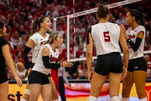 Left to right: Lexi Rodriguez, Merritt Beason, Laney Choboy, Bekka Allick and Harper Murray. Image courtesy of Nebraska Volleyball by Kassidy Otteman.