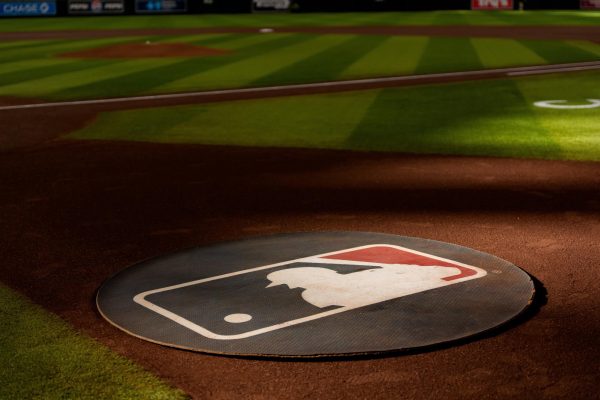 Aug 23, 2025; Phoenix, Arizona, USA; A general view of the MLB logo before the start of a game between the Cincinnati Reds and Arizona Diamondbacks at Chase Field. Mandatory Credit: Allan Henry-Imagn Images