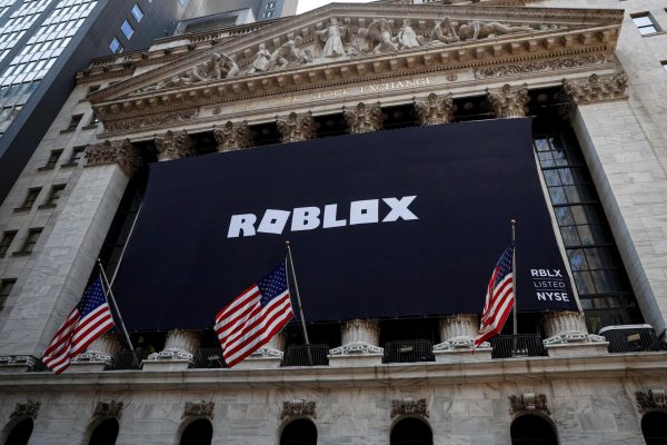 The Roblox logo is displayed on a banner, to celebrate the company's IPO, on the front facade of the New York Stock Exchange (NYSE) in New York, U.S., March 10, 2021. REUTERS/Brendan McDermid