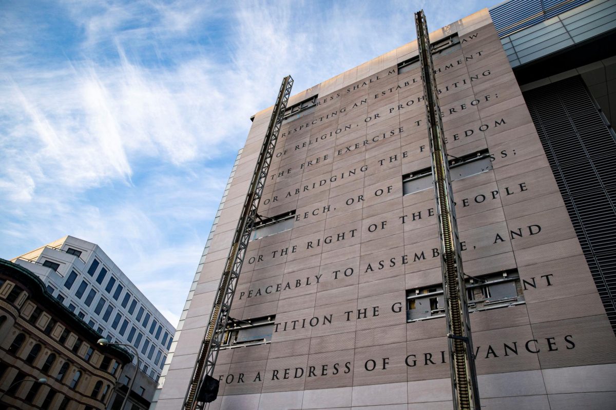 A wall stating the First Amendment of the U.S. Constitution is seen on the Newseum, in Washington, U.S., February 21, 2021. REUTERS/Al Drago