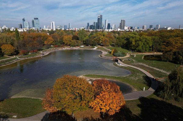 A general view of Warsaw skyline taken by drone during a sunny autumn day above Mokotow Field Park in Warsaw, Poland October 21, 2024. REUTERS/Kacper Pempel